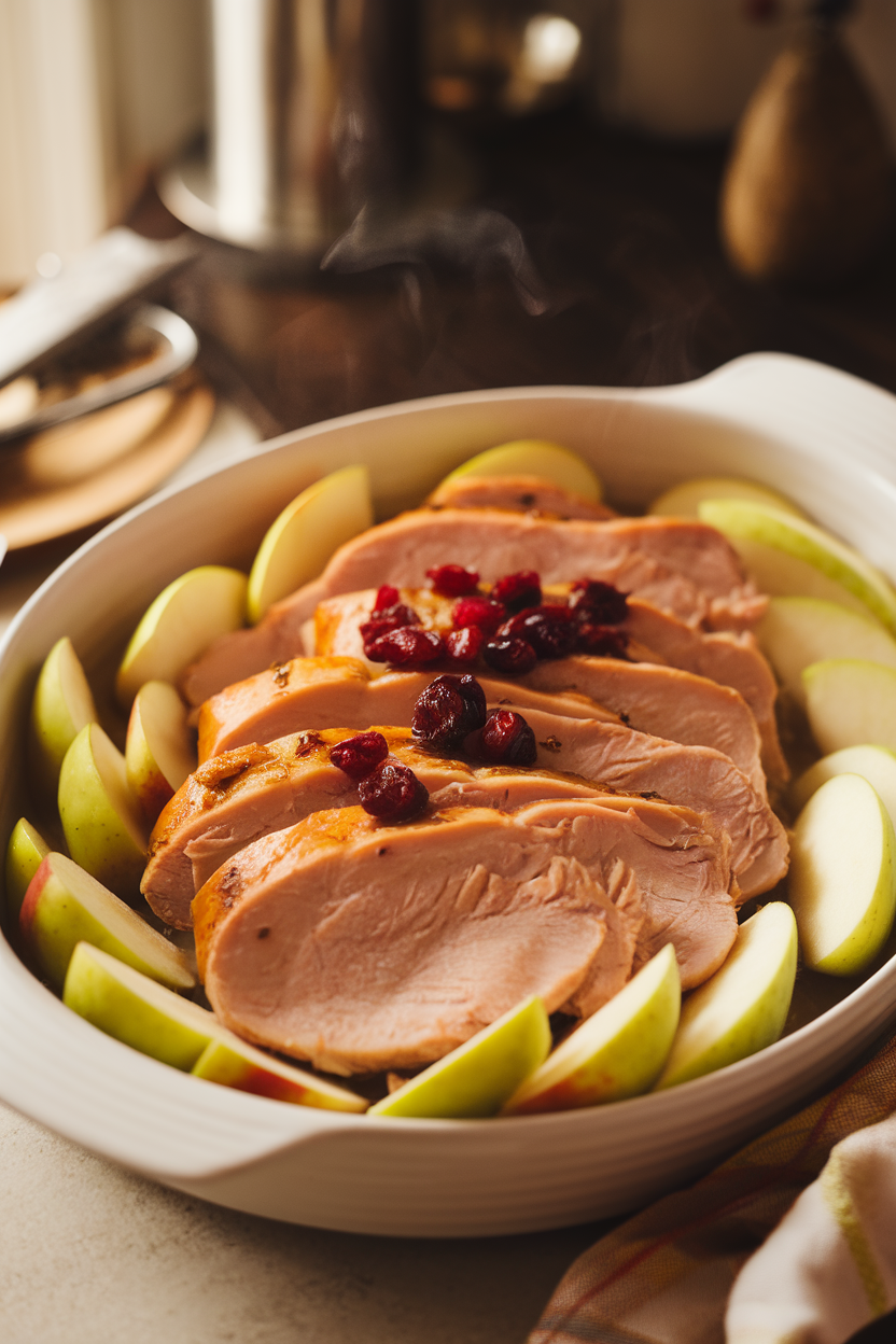 Photo of sliced turkey tenderloins nestled with soft apple wedges in a white serving dish on an indoor table, steam faintly rising. No text or logos present.