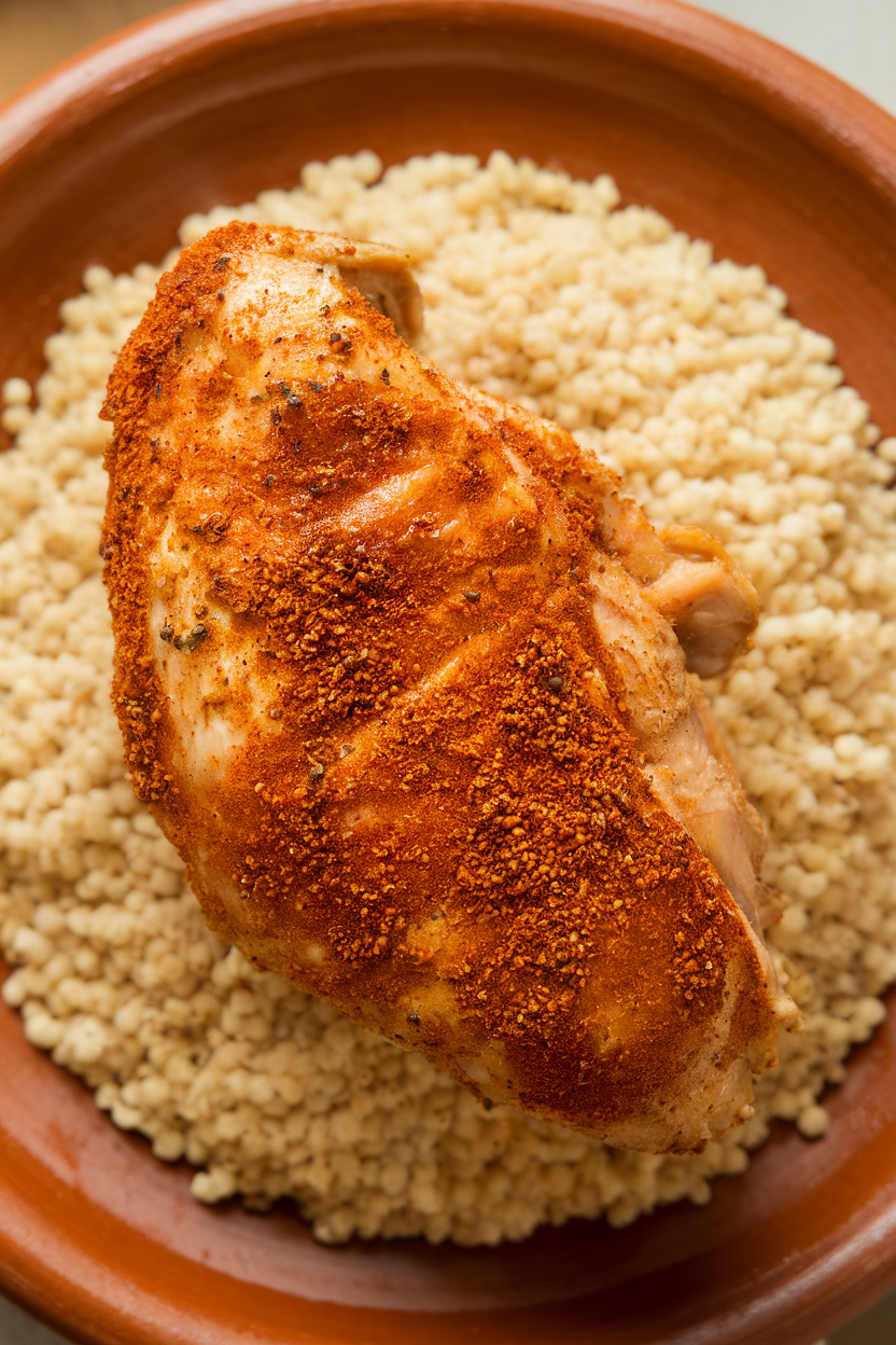Indoor clay plate showcasing air-fried chicken breast dusted in warm Moroccan spices, couscous in background, overhead shot. No text or logos.