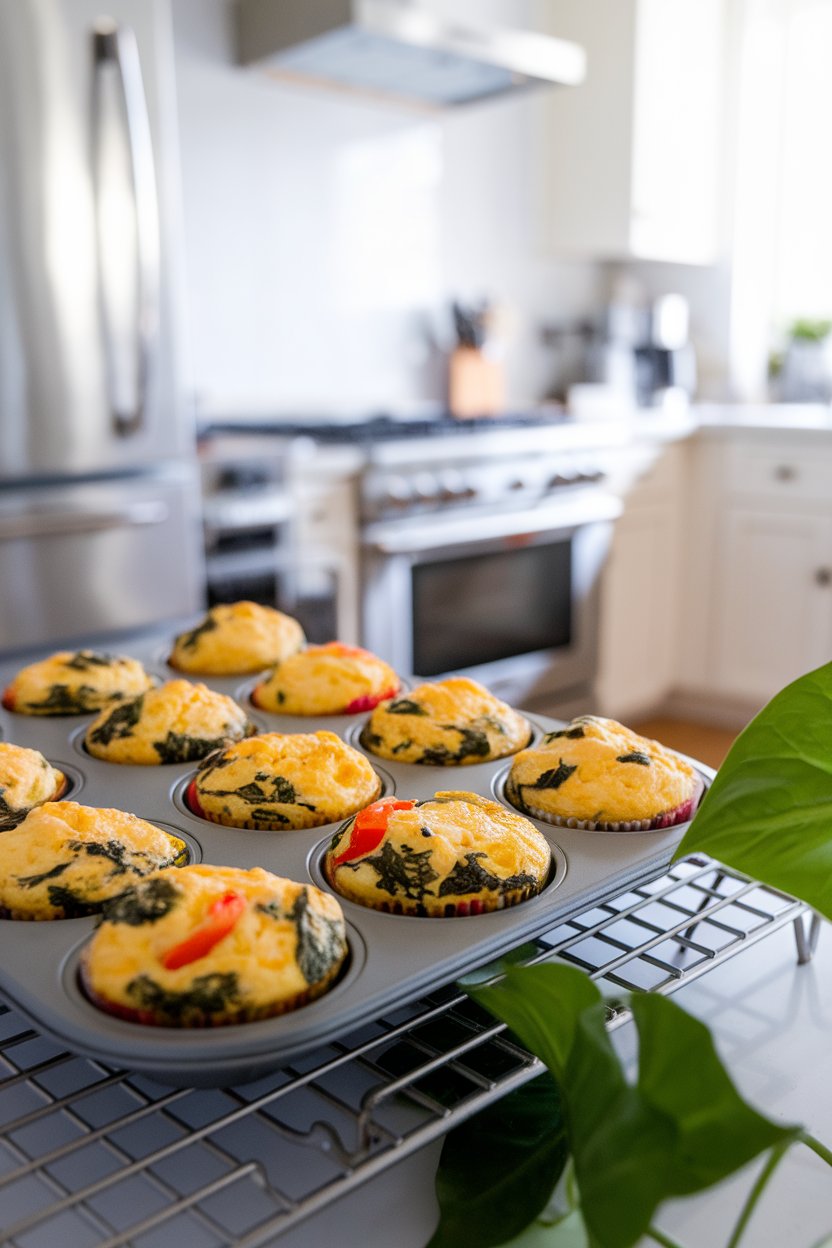 Photo of a muffin tin indoors filled with cooked egg muffins showing spinach and bell pepper pieces, cooling on a rack. Bright kitchen lighting, no text or logos.