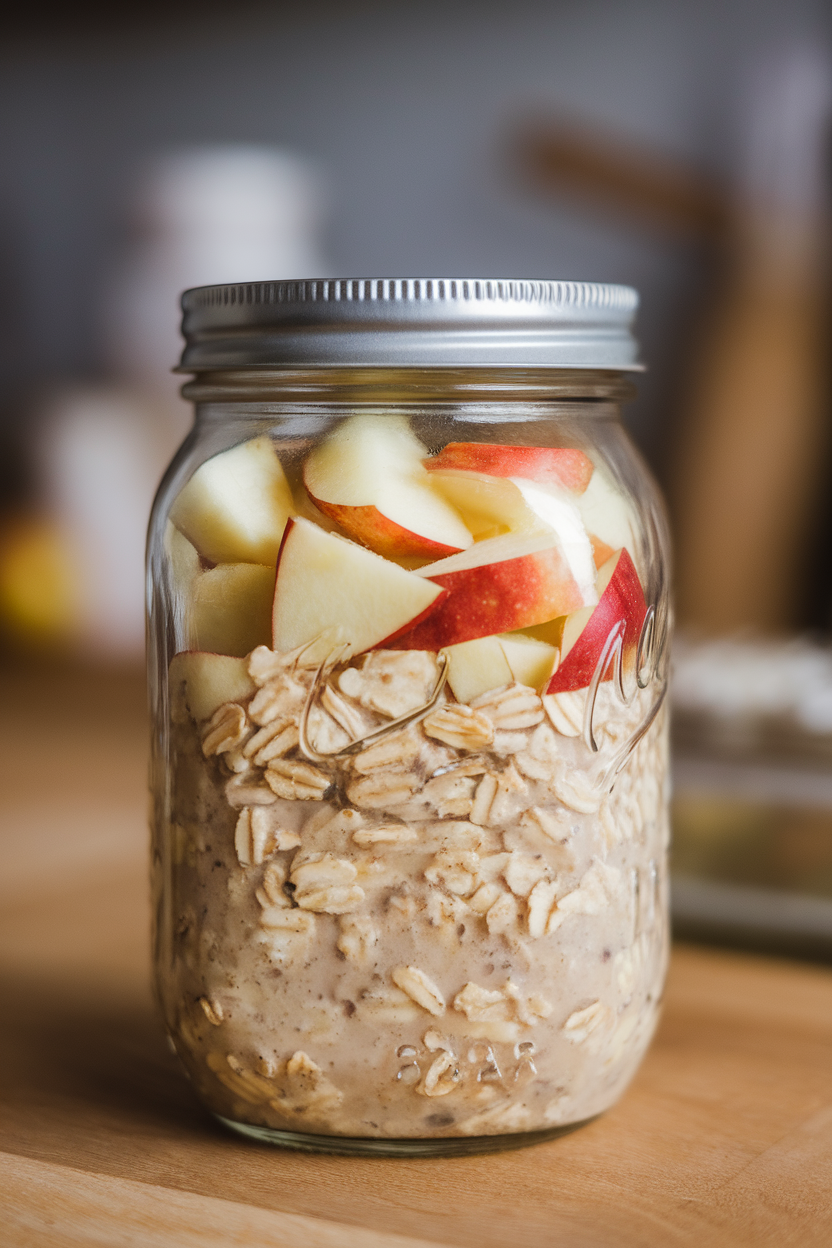 Indoor photo of hearty steel-cut oats with apple chunks in a mason jar; no text or logos