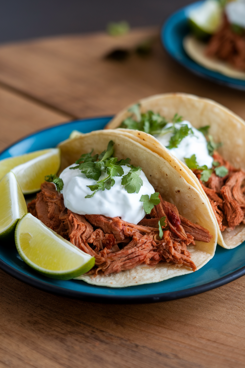 Indoor taco plate topped with a dollop of Greek yogurt next to lime wedges—photo, no logos.