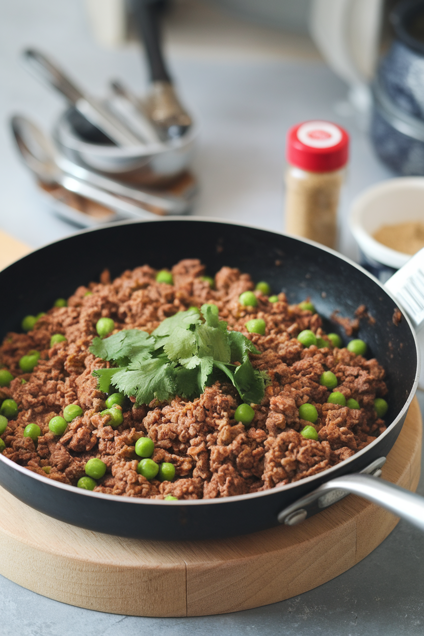 Indoor skillet containing minced beef keema with green peas and cilantro garnish. No text or logos; photo only.