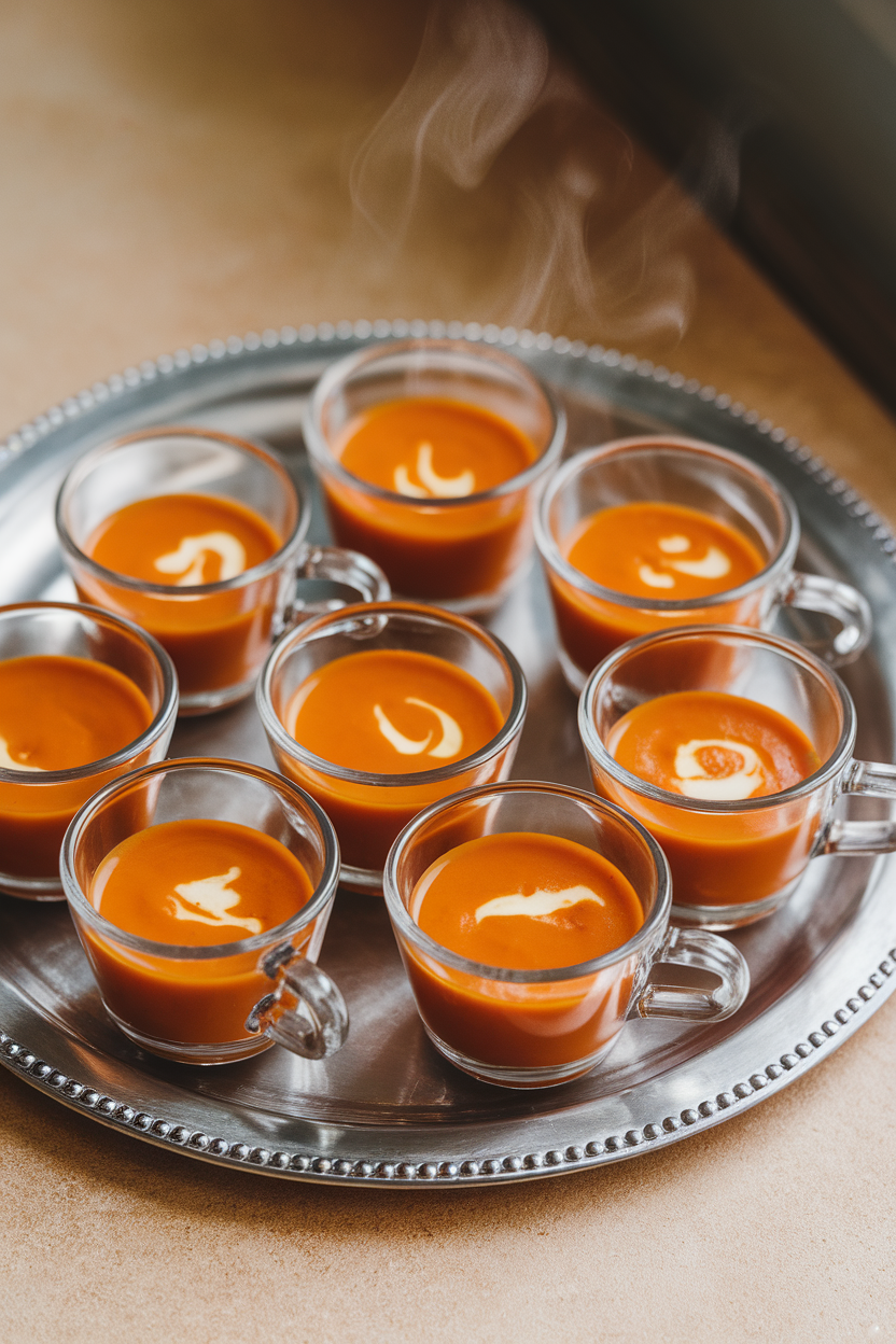 Indoor photo of tiny clear espresso cups filled with velvety orange carrot-ginger soup, steam gently rising, on a silver tray. No branding or text.
