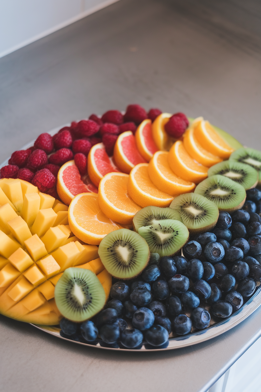 Photo of a countertop fruit platter indoors showcasing sliced mango, kiwi, blueberries, and oranges, arranged in a rainbow pattern. No text or logos.