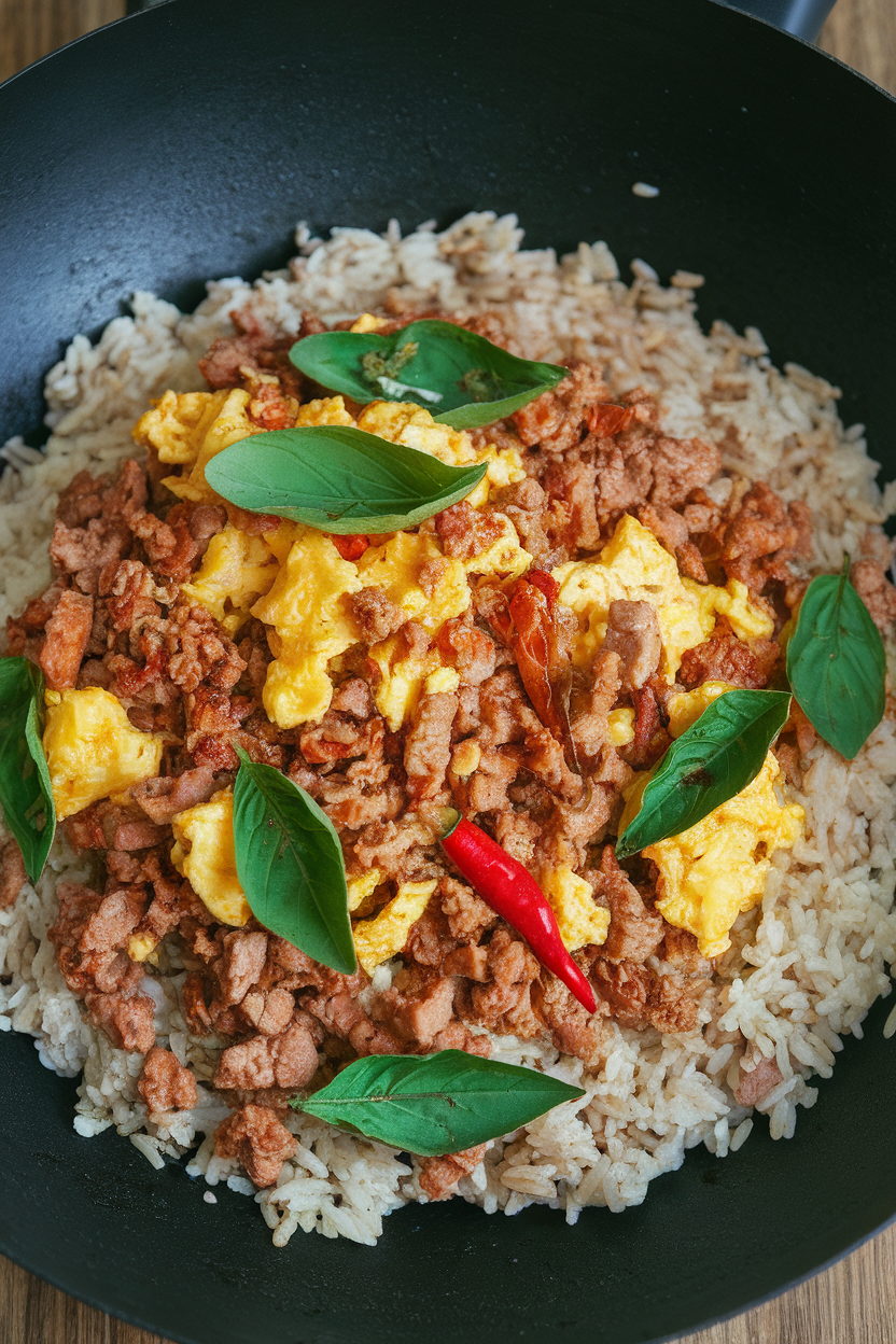 Indoor wok shot of minced turkey and scrambled egg pieces tossed with Thai basil and red chilies over brown jasmine rice. No text or logos.