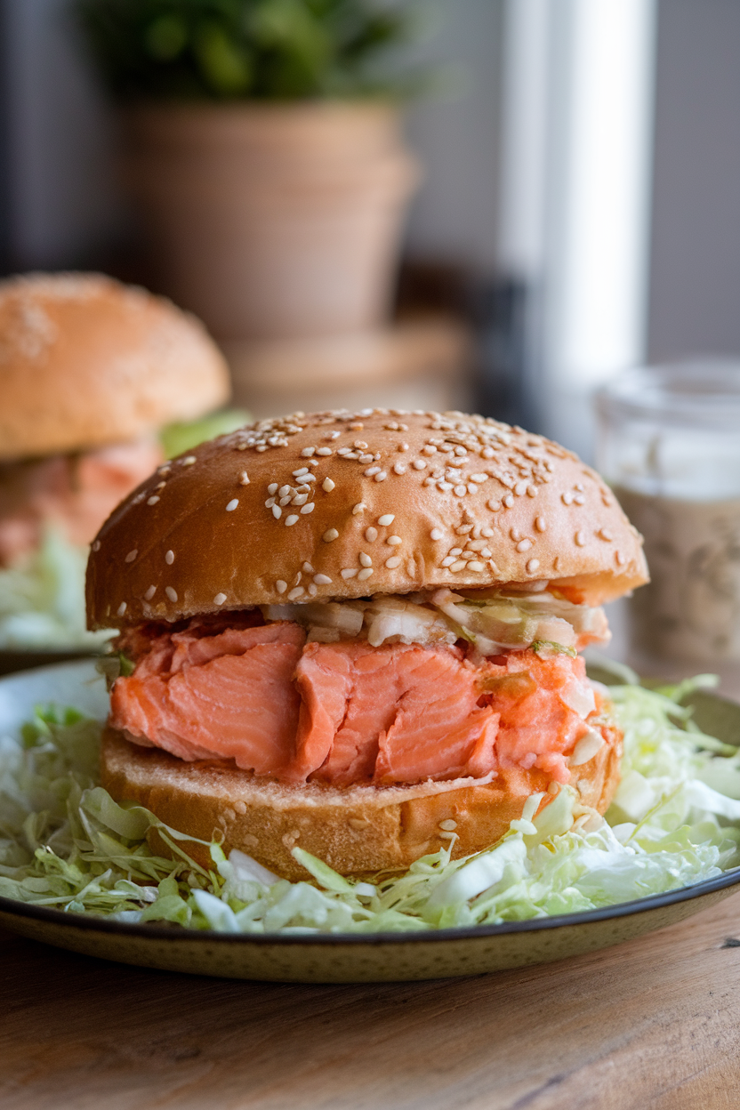 Photo of a cooked salmon burger sprinkled with sesame seeds and drizzled with ginger sauce, plated on a bed of shredded cabbage indoors; no text or logos; photo, not illustration