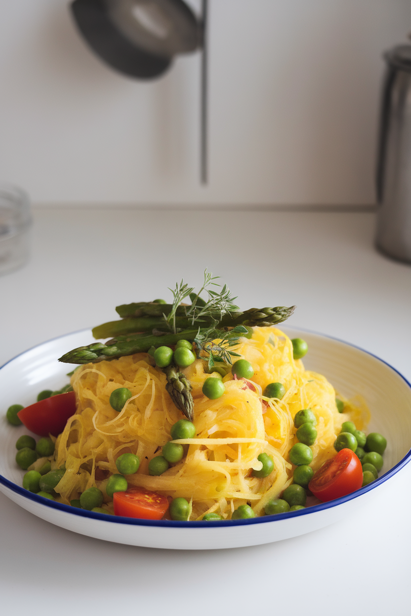 Indoor photo of spaghetti squash strands mixed with sautéed spring vegetables—peas, asparagus tips, cherry tomatoes—on a white dish. No text or logos.