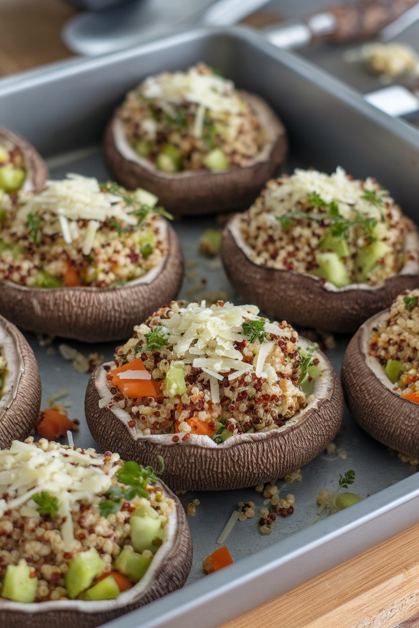 An indoor baking dish displaying large portobello caps filled with quinoa, herbs, and diced vegetables, cheese lightly melted. No text or logos.