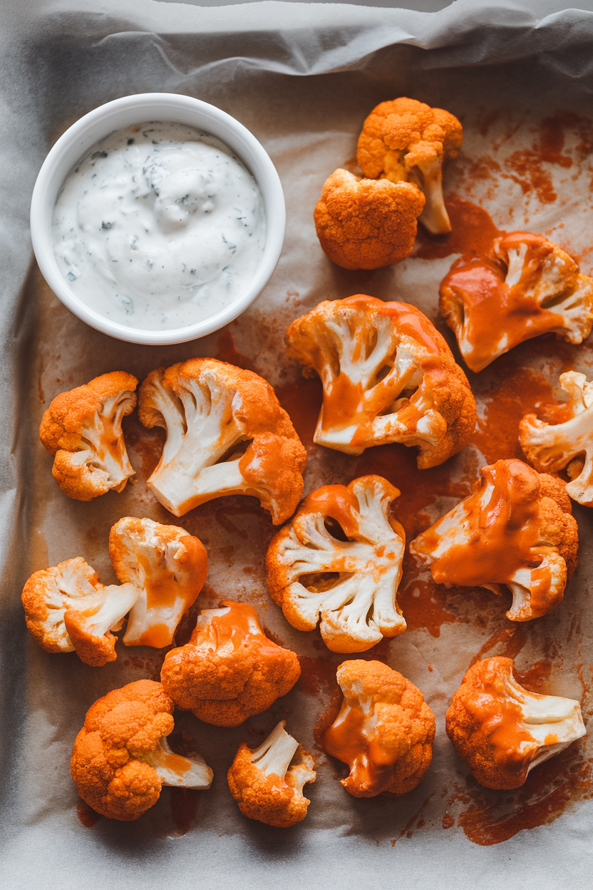 Indoor photo of baked cauliflower florets coated in orange buffalo sauce on parchment, ranch dip nearby. No text or logos.