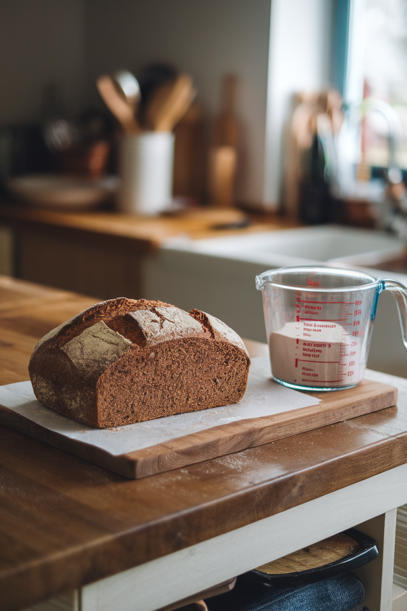 An indoor kitchen island with a rustic loaf made from lentil flour, a measuring cup of red lentil flour beside it. No text or logos. Photo only.