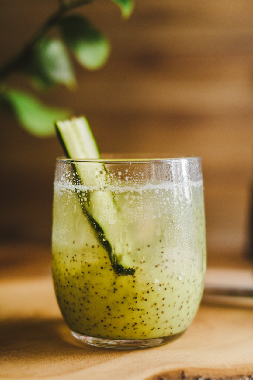Indoor photo of a clear tumbler with speckled green kiwi mocktail, tiny cucumber spear dipped inside, condensation on glass; no text or logos.
