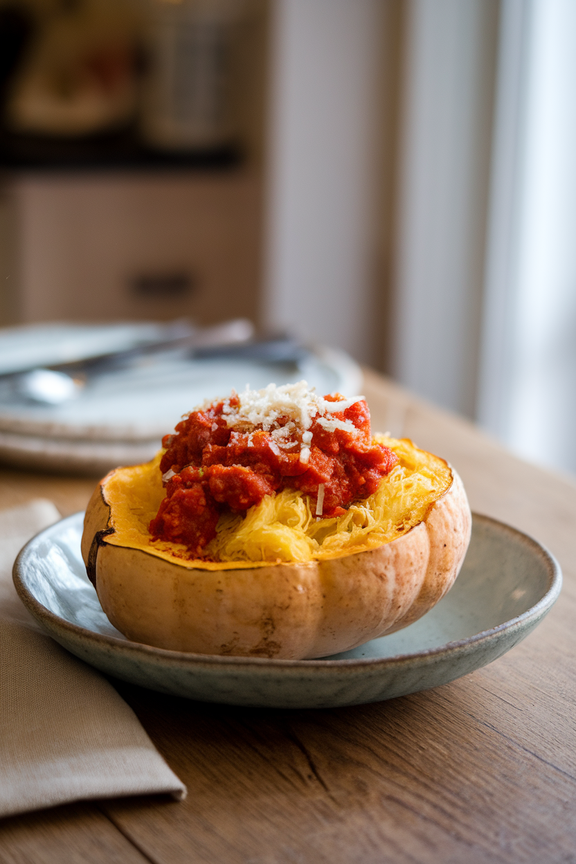 Indoor table featuring roasted spaghetti squash strands topped with chunky tomato basil sauce and a sprinkle of Parmesan; no text or logos, photo style.