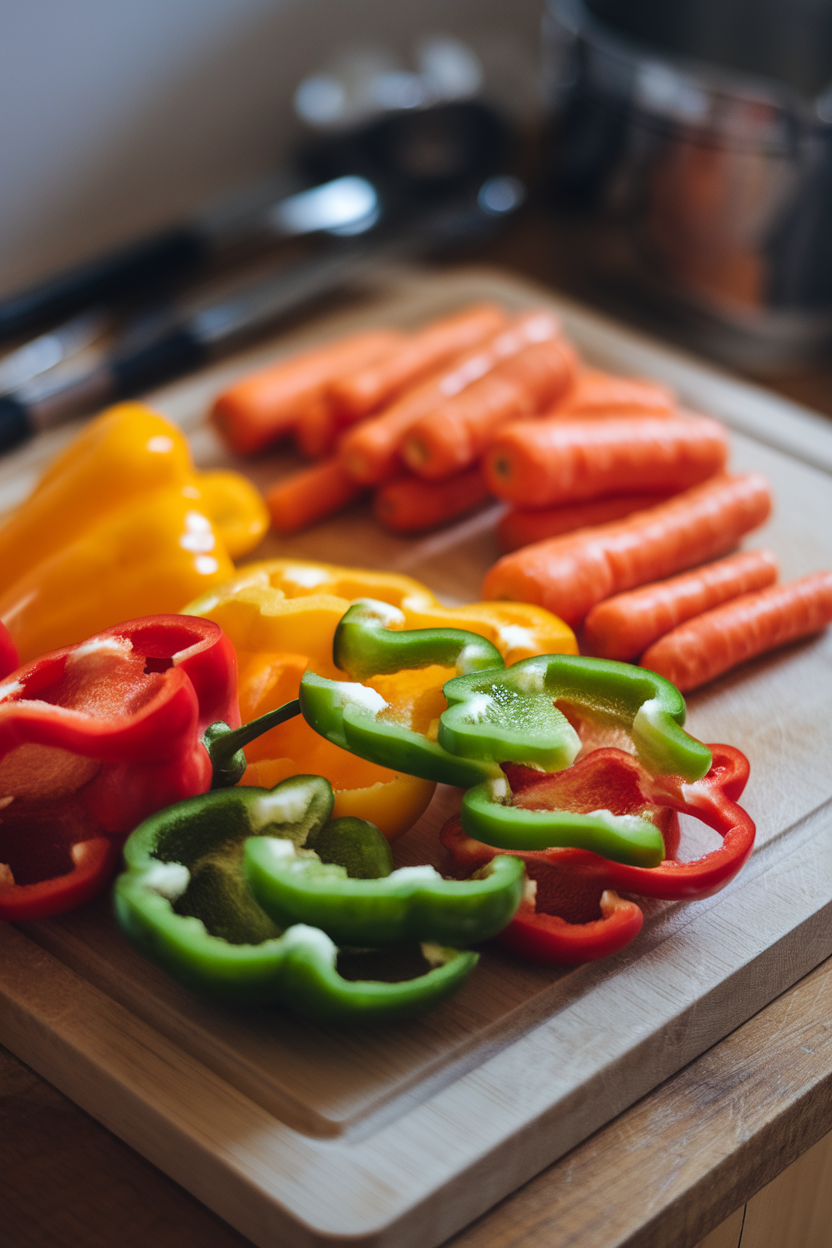 Cutting board with freshly washed and cut bell peppers and carrots, indoor photo, no text or logos