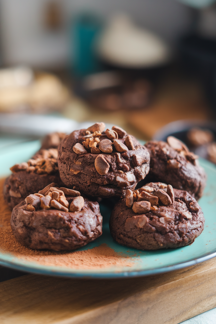 Photo prompt: Soft-focus indoor shot of avocado-based chocolate cookies topped with crunchy cocoa nibs, no text or logos.