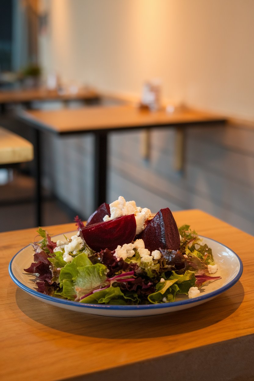 An indoor café table with a plate of mixed greens topped by roasted beet wedges and crumbled goat cheese. Photo, no text or logos.