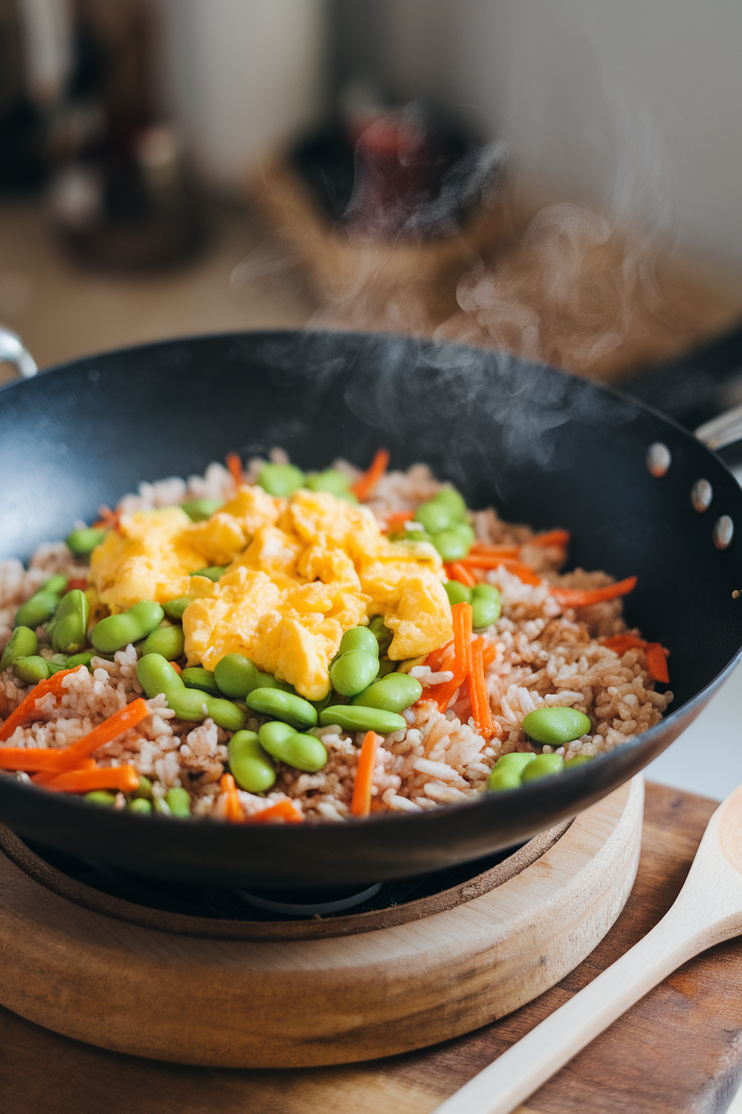 Indoor wok filled with brown rice, bright green edamame, carrots, and scrambled egg pieces, steam rising. No text or logos.