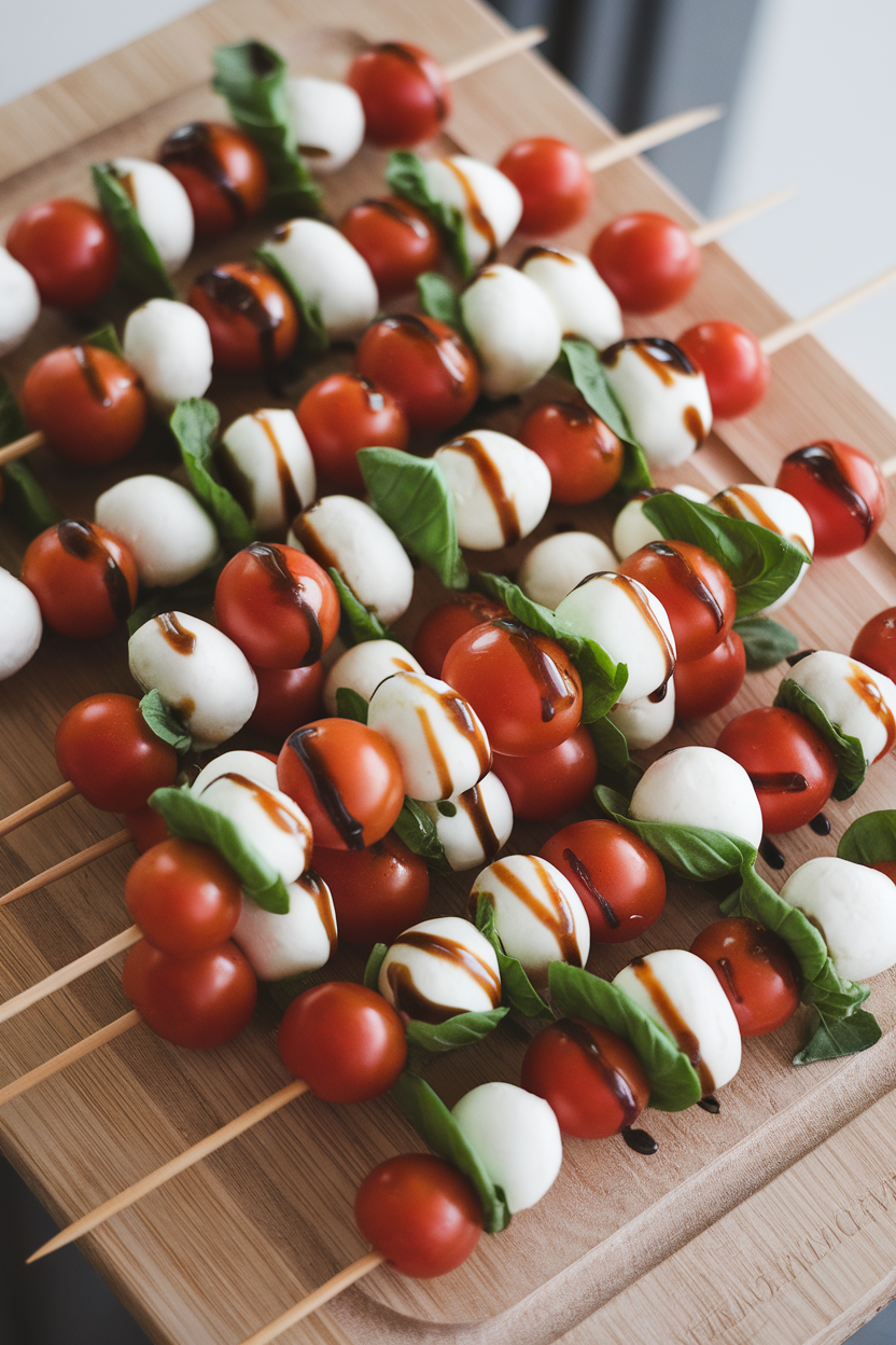 An indoor wooden board displaying colorful skewers threaded with cherry tomatoes, mini mozzarella balls, and basil leaves, lightly drizzled with balsamic glaze, no text or logos.