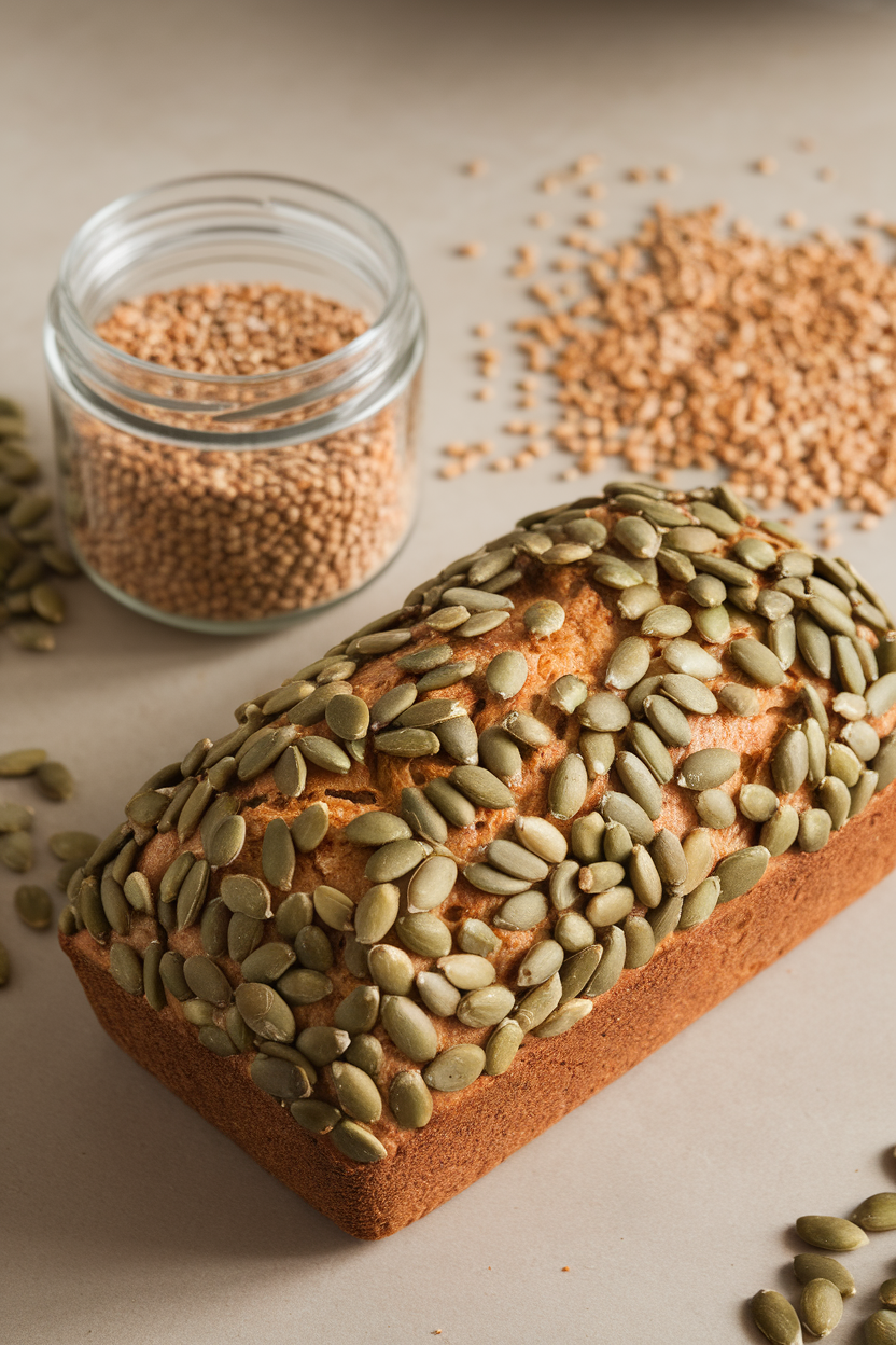 An indoor countertop with a baked loaf heavily coated in green pumpkin seeds, a small jar of raw millet grains beside it. No text or logos. Photo only.