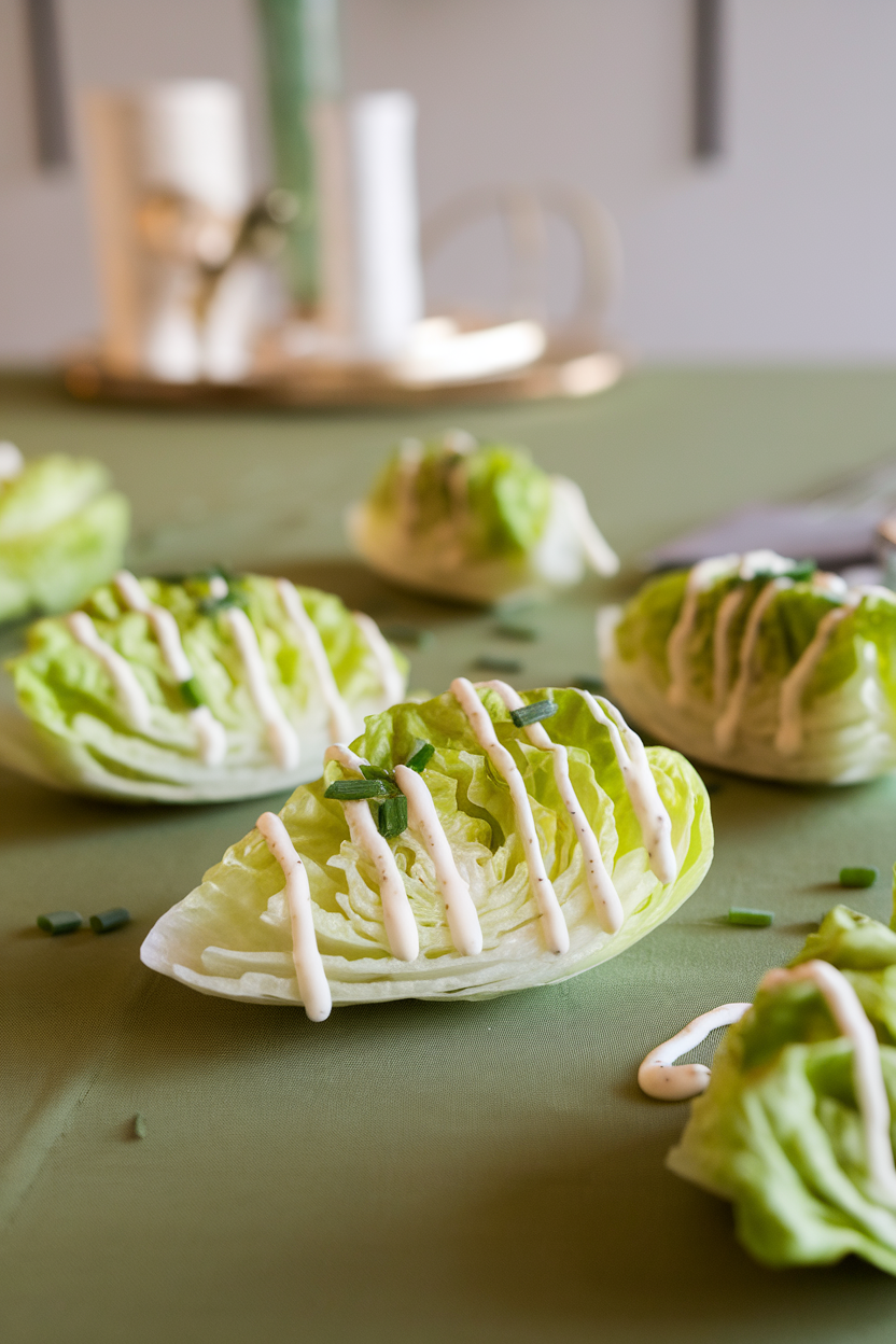 An indoor dining table showcasing mini wedge salads of baby gem lettuce drizzled with herb-flecked ranch and sprinkled with chives. No text or logos. Photo.