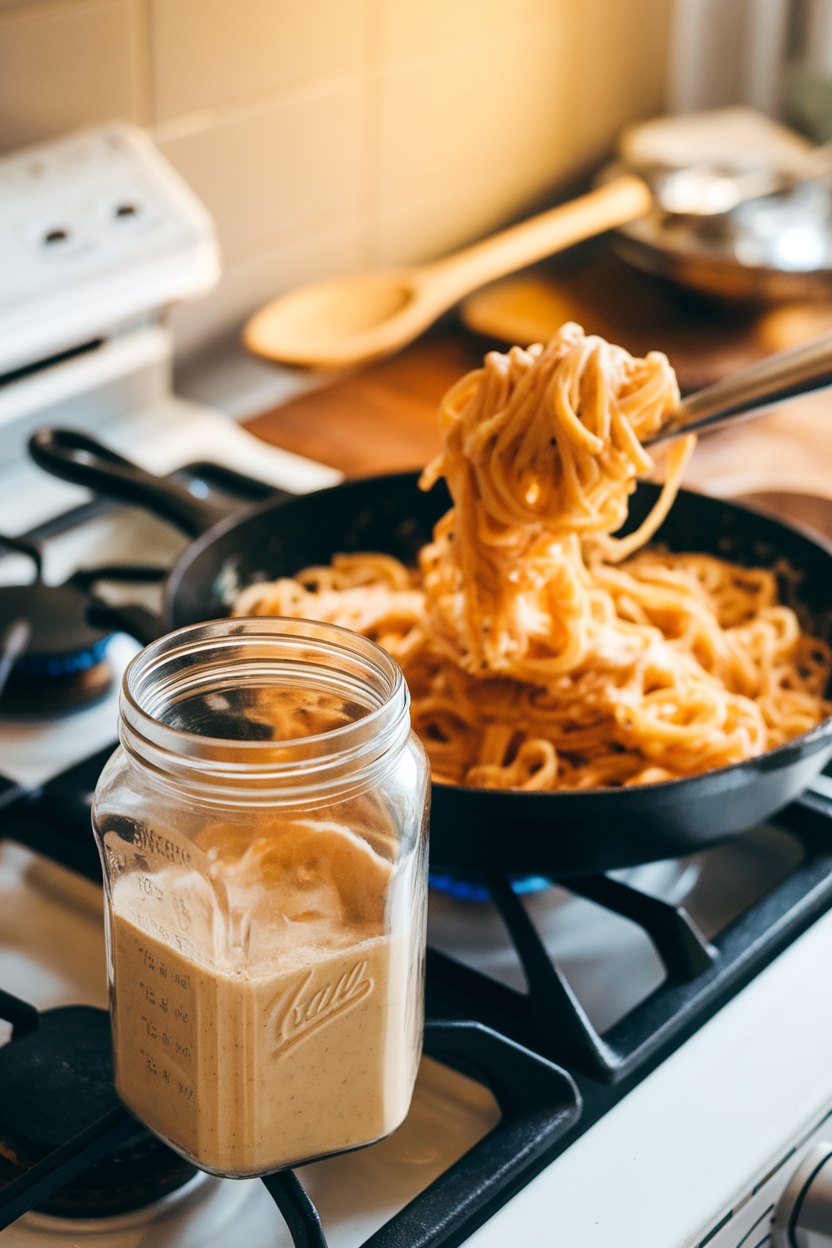 An indoor stovetop scene showing a blender jar of cashew cream next to a skillet of pasta being tossed in the silky sauce. No text or logos. Photo.