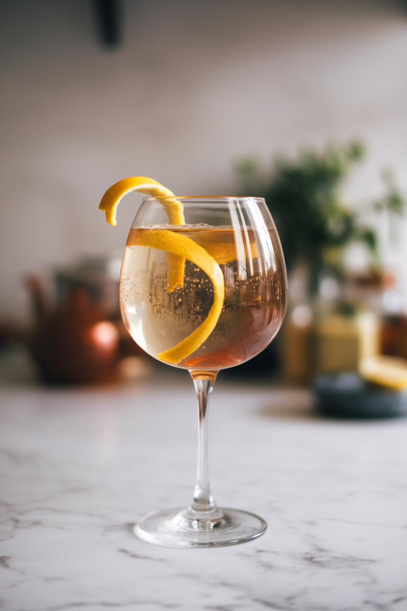 Indoor marble countertop showing a stemmed glass of pale amber Earl Grey spritz, thin lemon twist curling inside, tiny bubbles at surface. Photo, no text or logos.