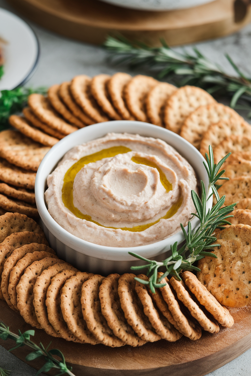 An indoor appetizer spread with a bowl of creamy white bean dip drizzled with olive oil, surrounded by whole-grain crackers. No text or logos. Photo only.