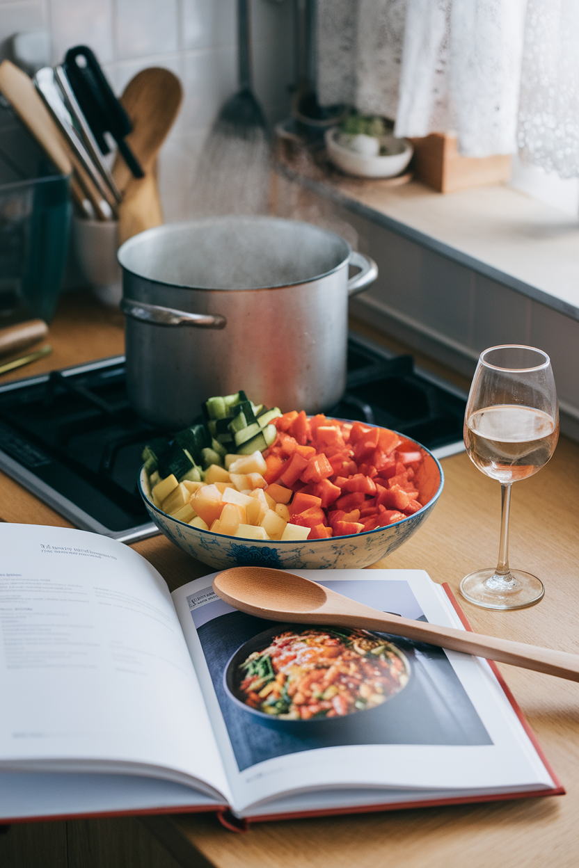 Photo of an indoor kitchen scene with an open cookbook, a wooden spoon, and a bowl of chopped colorful vegetables, no text or logos.