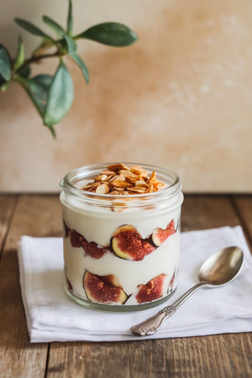 An indoor tabletop with a glass jar of layered vanilla yogurt, sliced figs, and a sprinkle of toasted almonds. Photo, no text or logos.