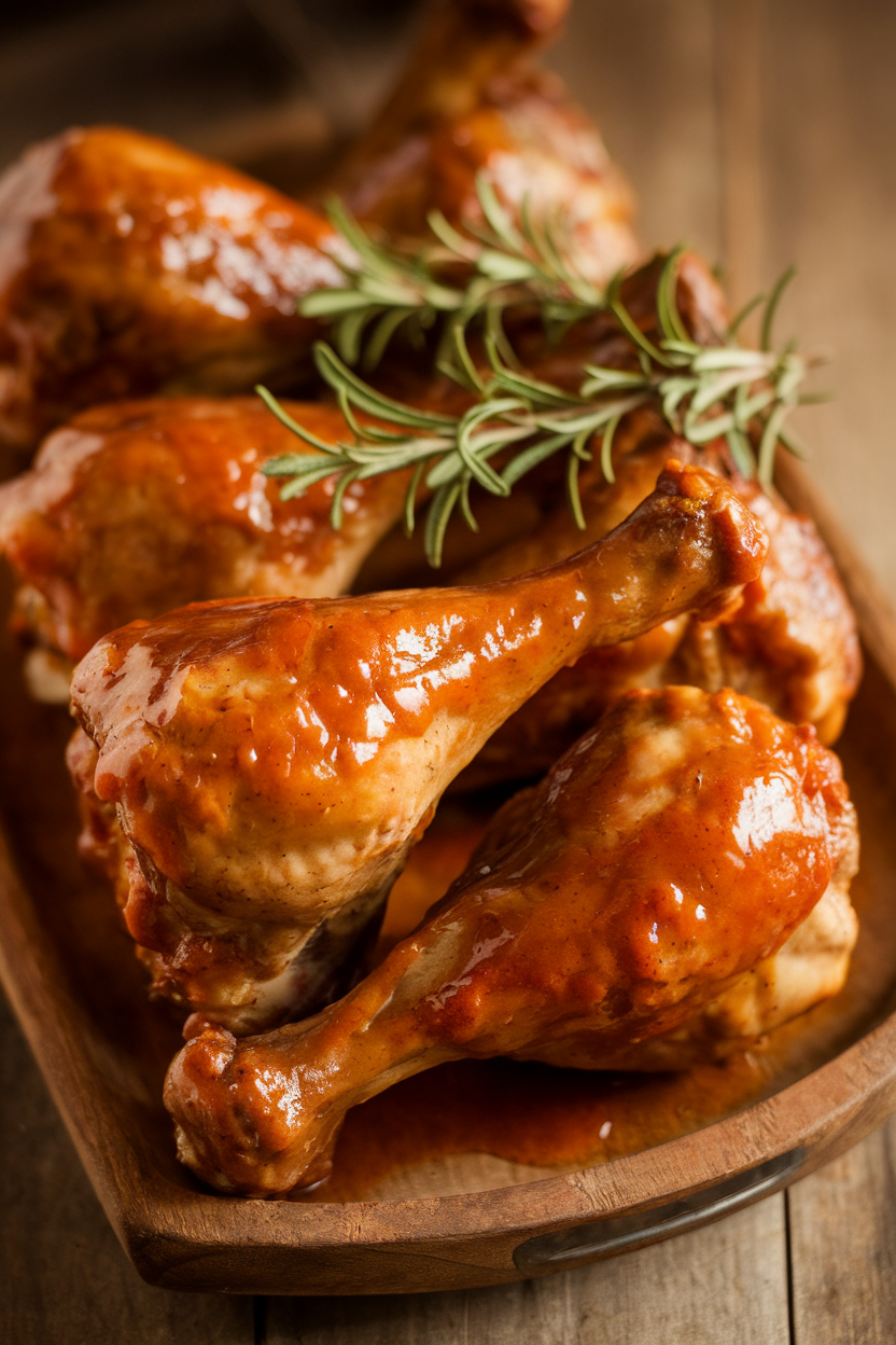 Indoor photo of cooked turkey drumsticks coated in maple-bourbon glaze on a platter, no text or logos.