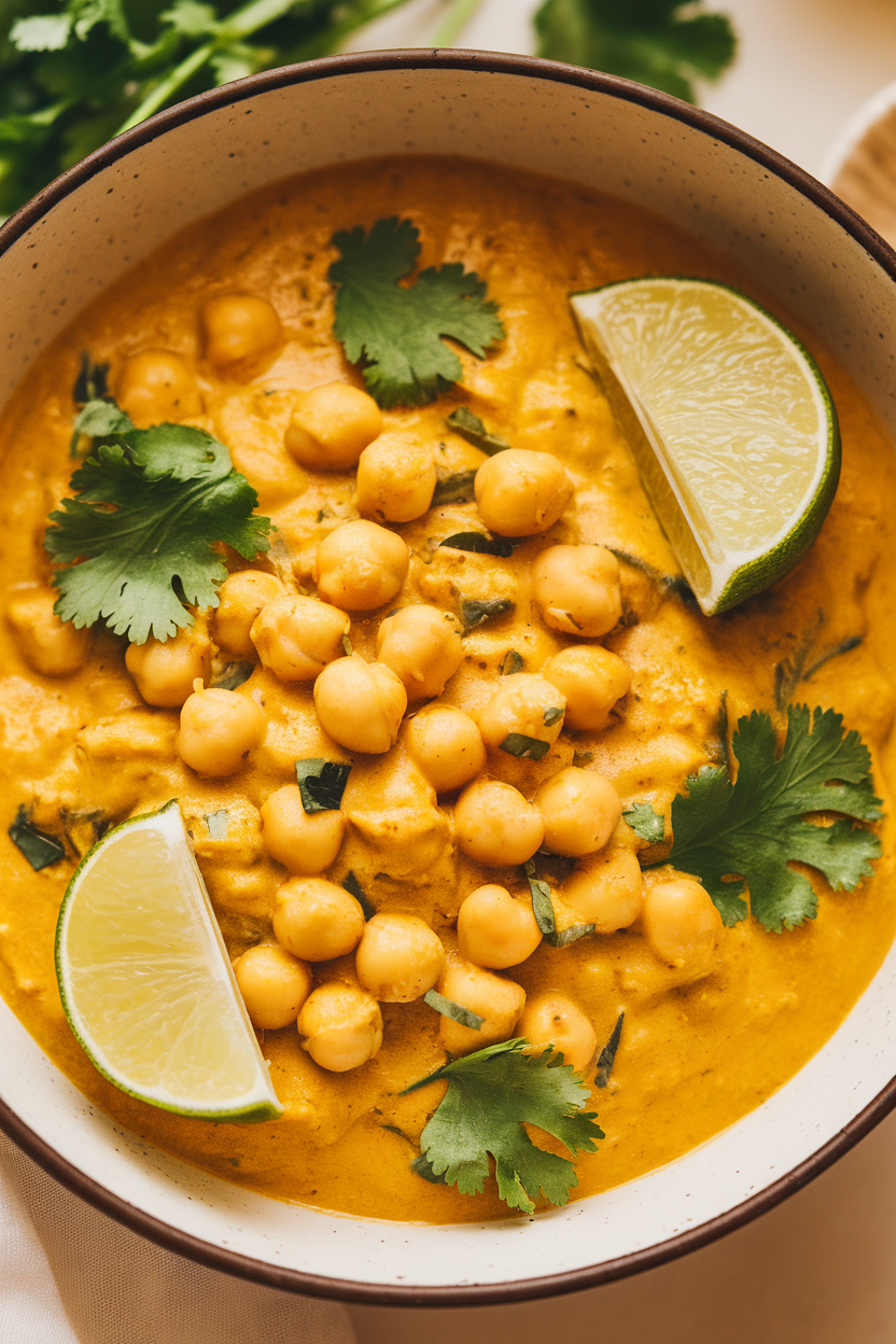 Photo of an indoor bowl containing creamy yellow coconut chickpea curry, garnished with lime wedges and cilantro. No logos or text visible.