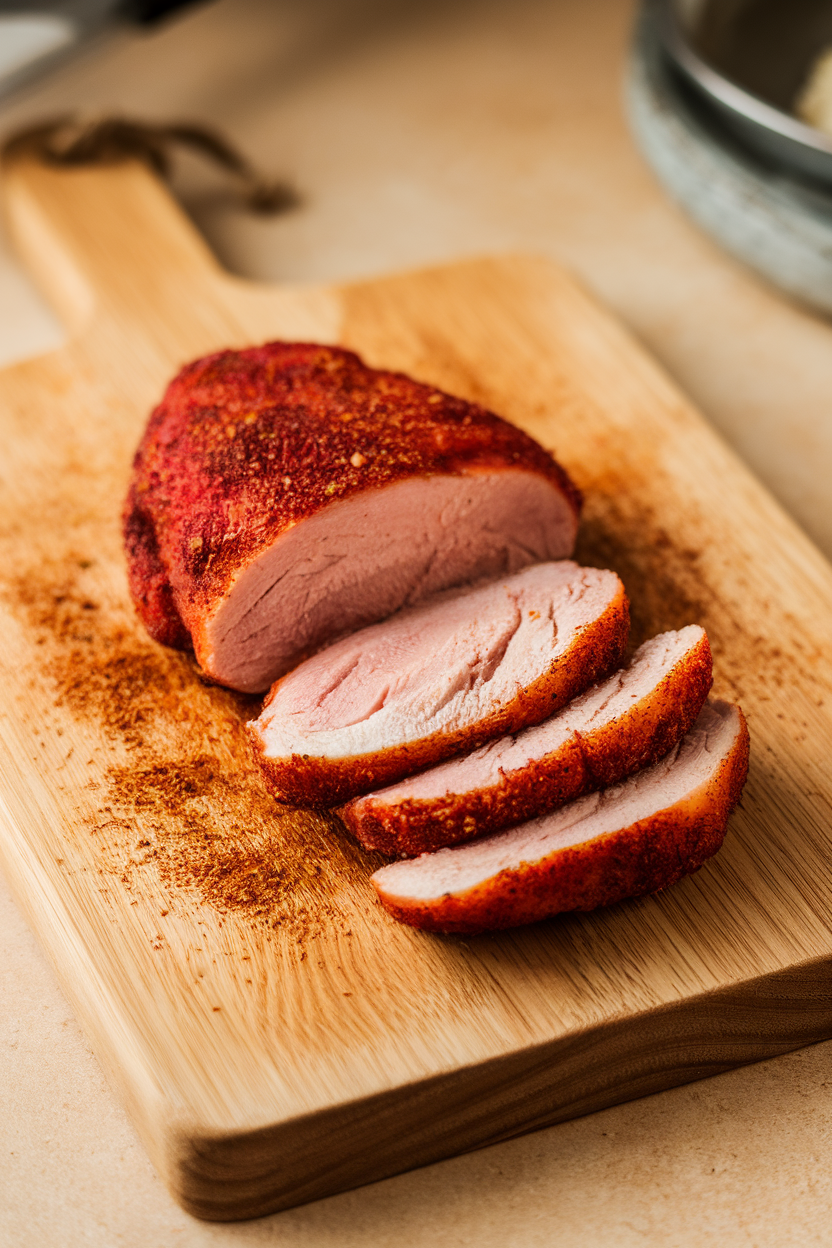 A wooden indoor cutting board topped with air-fried chicken breast dusted in deep red Cajun seasoning, steam faintly visible, photographed from eye level. No text or logos.