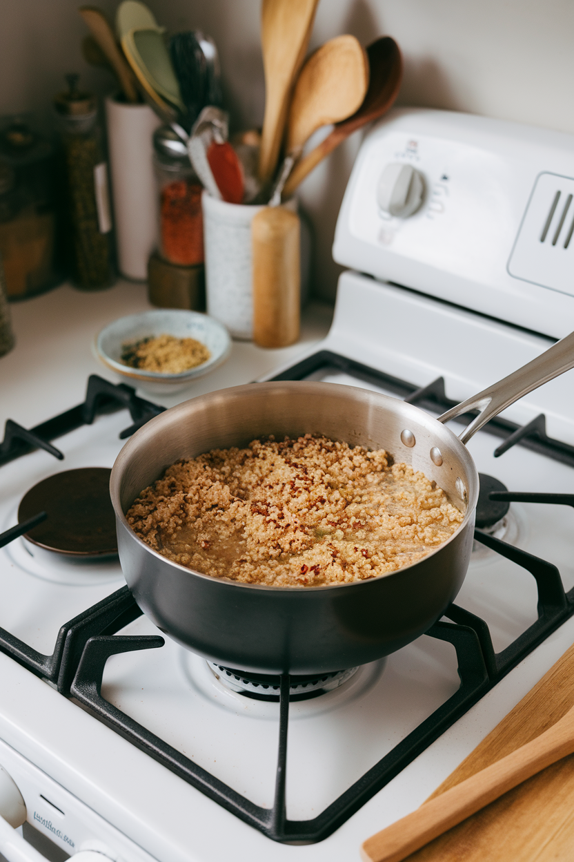 A saucepan of quinoa simmering in vegetable broth on a stovetop indoors; no text or logos; photo