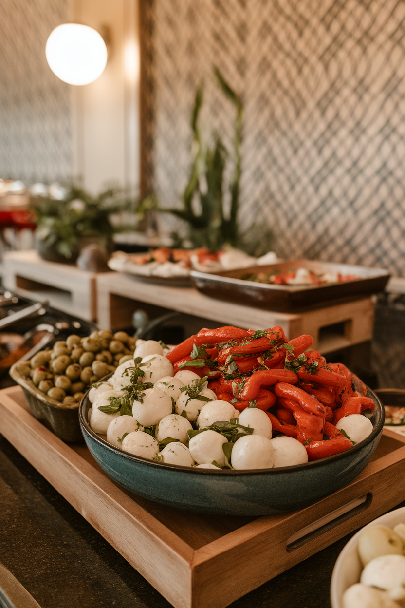 An indoor buffet scene featuring a bowl of marinated mozzarella balls, mixed olives, and roasted red peppers tossed with herbs. No logos or text. Photo.