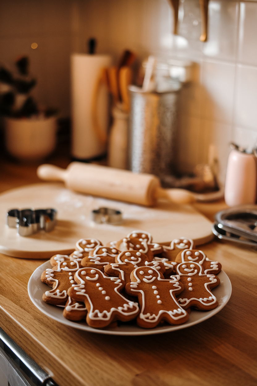 A warmly lit indoor kitchen counter featuring a plate of neatly decorated gingerbread men with white icing details, a rolling pin and cookie cutters blurred in the background. Photo only, no text or logos anywhere in the scene.