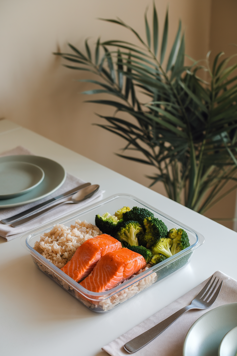 An indoor dining table featuring a meal prep container holding cooked miso-glazed salmon fillets beside fluffy brown rice and steamed broccoli. No text or logos anywhere in the scene.