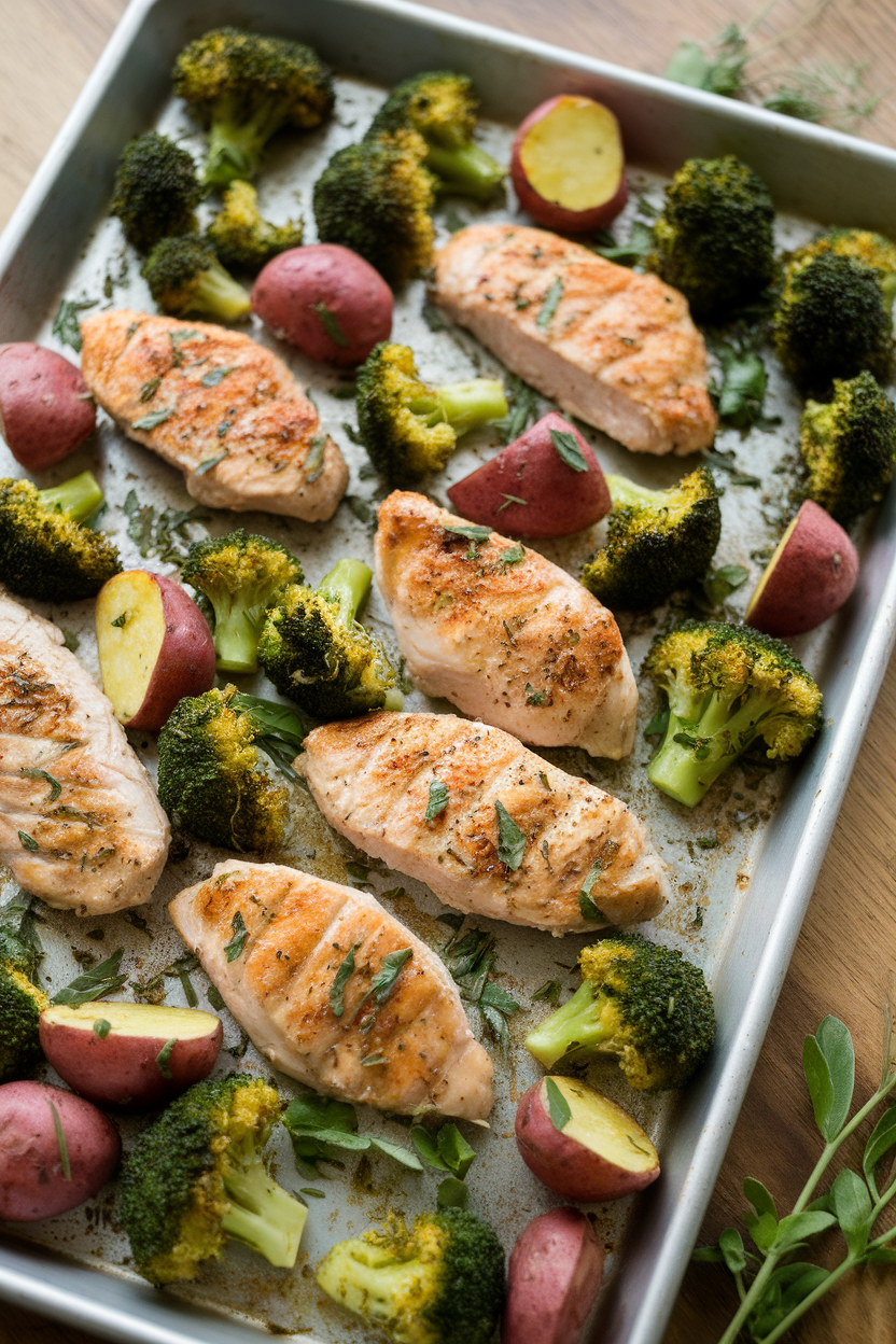 Indoor photo of a sheet pan loaded with cooked chicken breast strips, broccoli florets, and red potatoes seasoned with herbs; no text or logos.