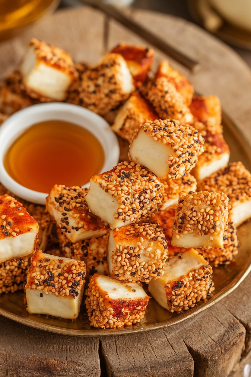 Indoor photo of seared halloumi cubes coated in sesame seeds on a platter with honey dip. No text or logos.