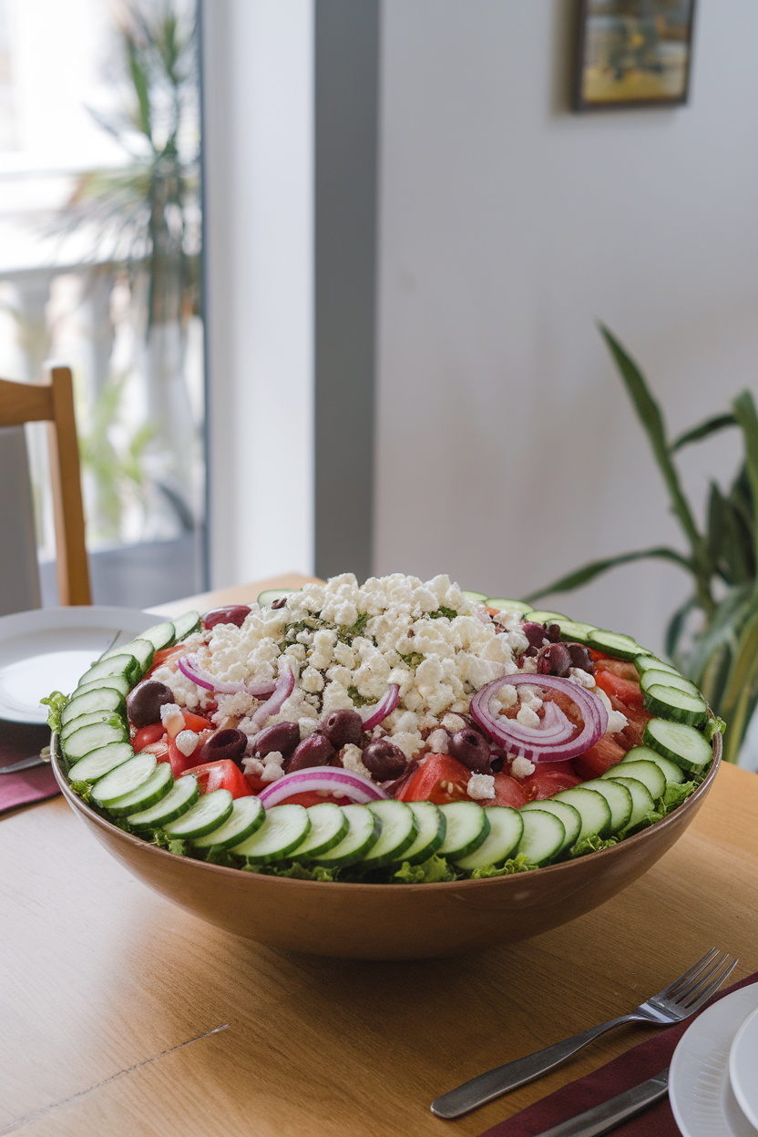 An indoor dining table displaying a large salad bowl filled with cucumber, tomato, red onion, olives, and crumbled feta, lightly dressed, no text or logos. Photo only.