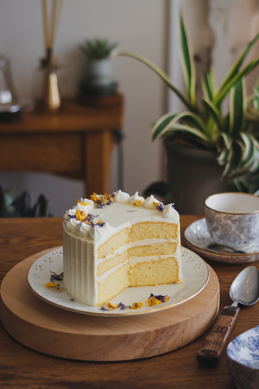 An indoor tea-room scene showing a pale yellow cake slice with white elderflower frosting and edible dried flower petals. No text or logos. Photo, not illustration.