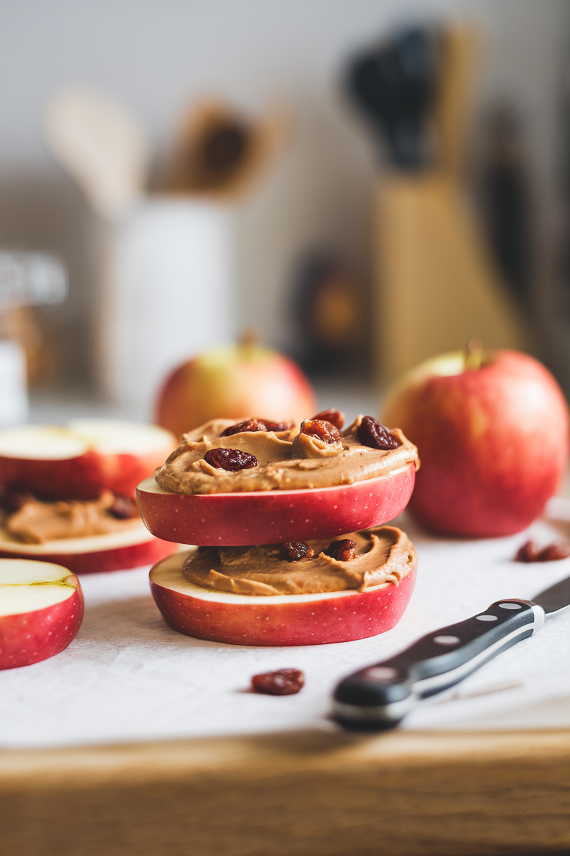 An indoor kitchen counter close-up of apple rounds spread with cinnamon raisin peanut butter and stacked like sandwiches. Photo, no text or logos.