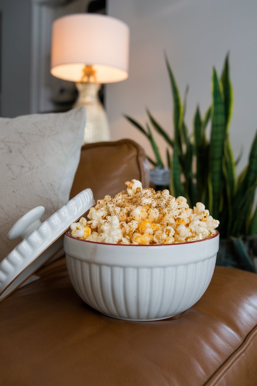 Indoor bowl of popcorn sprinkled with everything bagel seasoning; cozy couch-side setting, no text or logos.