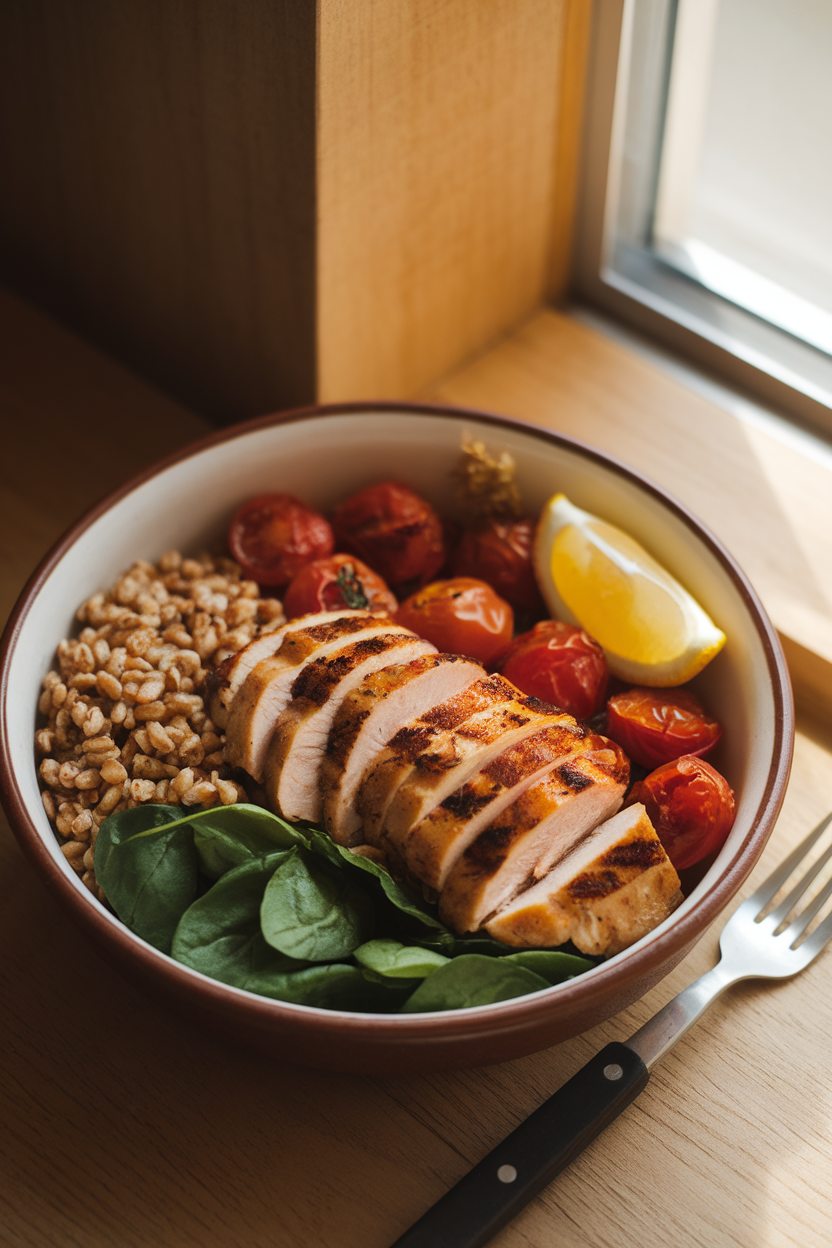 Indoor photo of a shallow ceramic bowl filled with sliced grilled chicken breast, nutty farro, roasted cherry tomatoes, baby spinach, and a lemon wedge, shot from a slight overhead angle. Warm natural light from a nearby window, no text or logos anywhere.