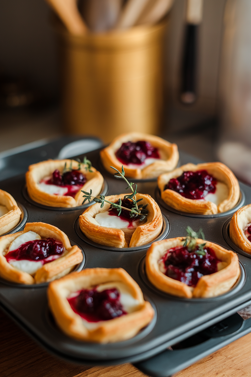Photo of an indoor mini muffin tin with puff-pastry cups holding melted brie and cranberry sauce, thyme sprigs on top; soft golden lighting, no text or logos