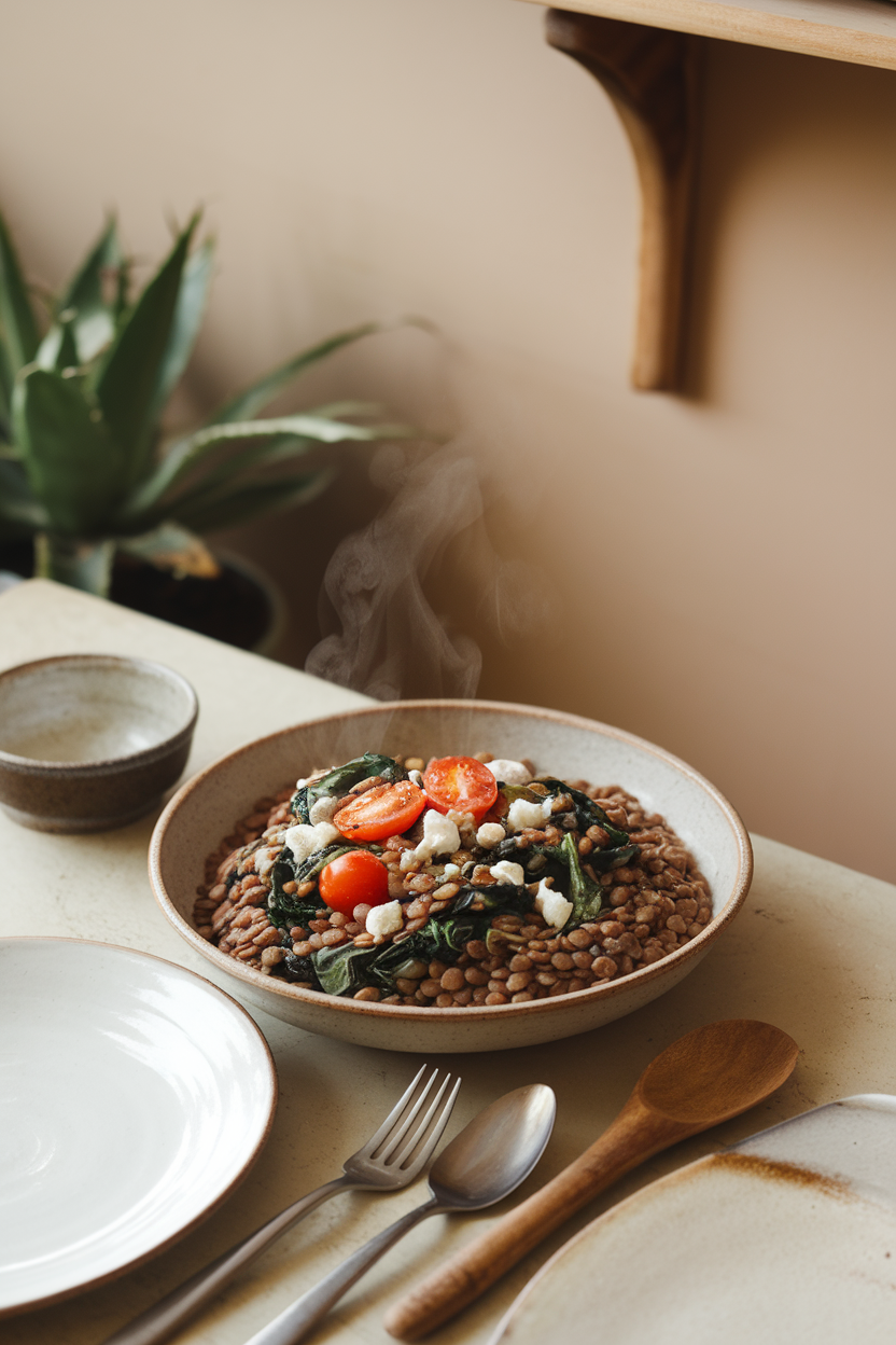 Photo of an indoor bistro-style table featuring a shallow bowl of warm brown lentils tossed with wilted spinach, cherry tomatoes, and crumbled goat cheese. Gentle steam visible, no logos or text.