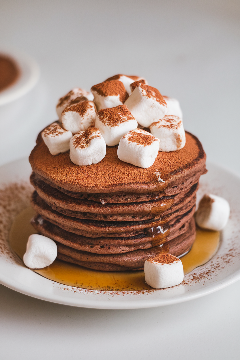 Indoor photo of cocoa-colored pancakes topped with toasted mini marshmallows and a light dusting of cocoa powder; no text or logos.