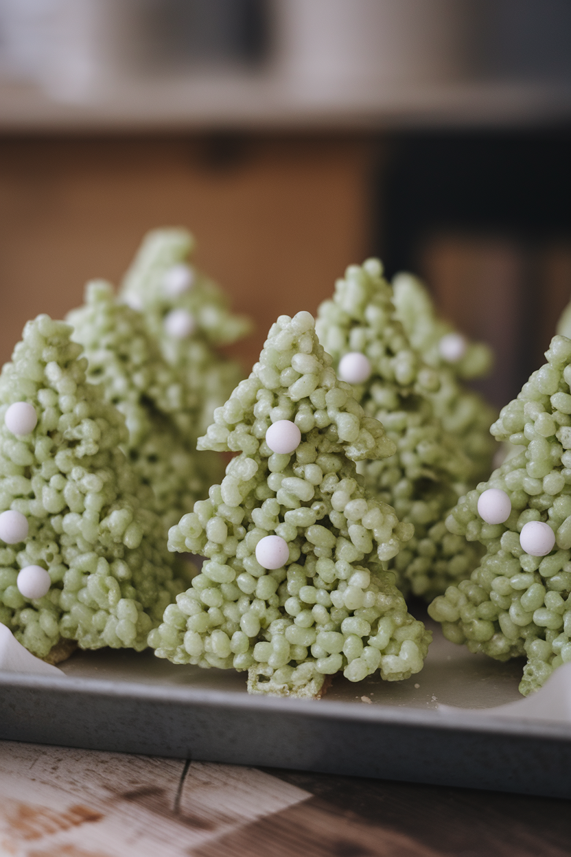 Green-tinted rice krispie treats shaped like small trees on a tray indoors, decorated with tiny sugar balls as ornaments. No text or logos.