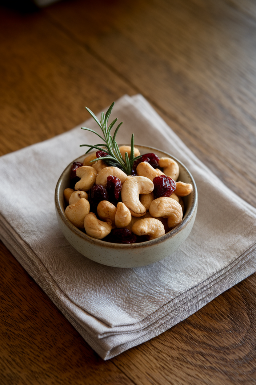 Indoor photo of a small bowl containing roasted cashews mixed with dried cranberries and rosemary sprigs, set on a linen napkin. No logos or text.