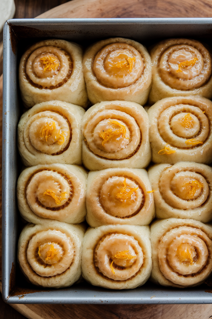 Baking pan indoors containing fluffy sticky buns glazed with orange-cardamom caramel, bits of zest visible, no text or logos.