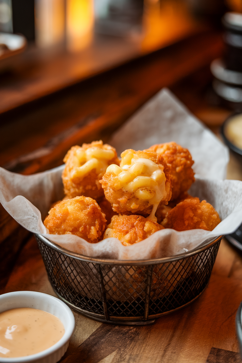 Photo of an indoor basket lined with parchment holding crunchy fried mac and cheese balls, cheese oozing slightly, dipping sauce nearby; warm pub-style lighting, no text or logos