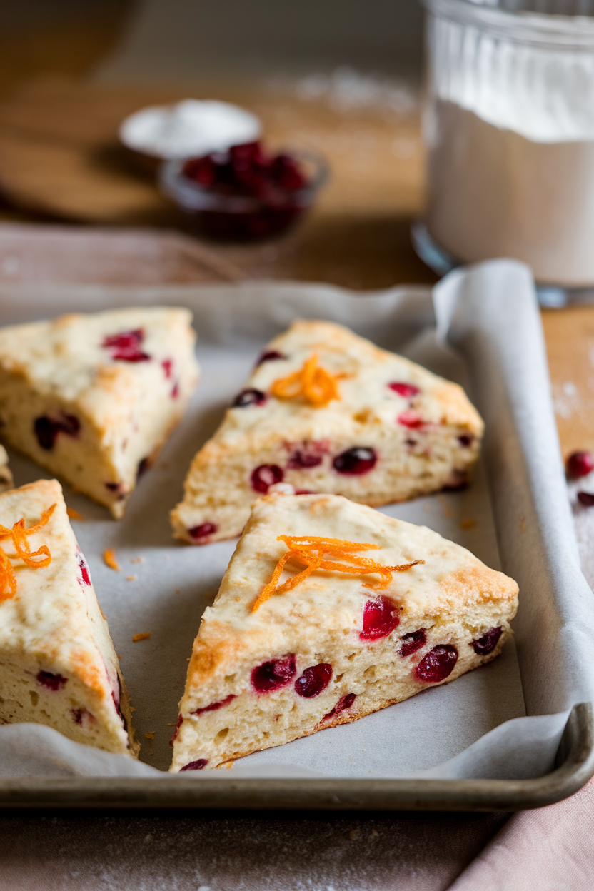 An indoor bakery-style scene with triangular cranberry orange scones on a parchment-lined tray, orange zest visible, no text or logos.